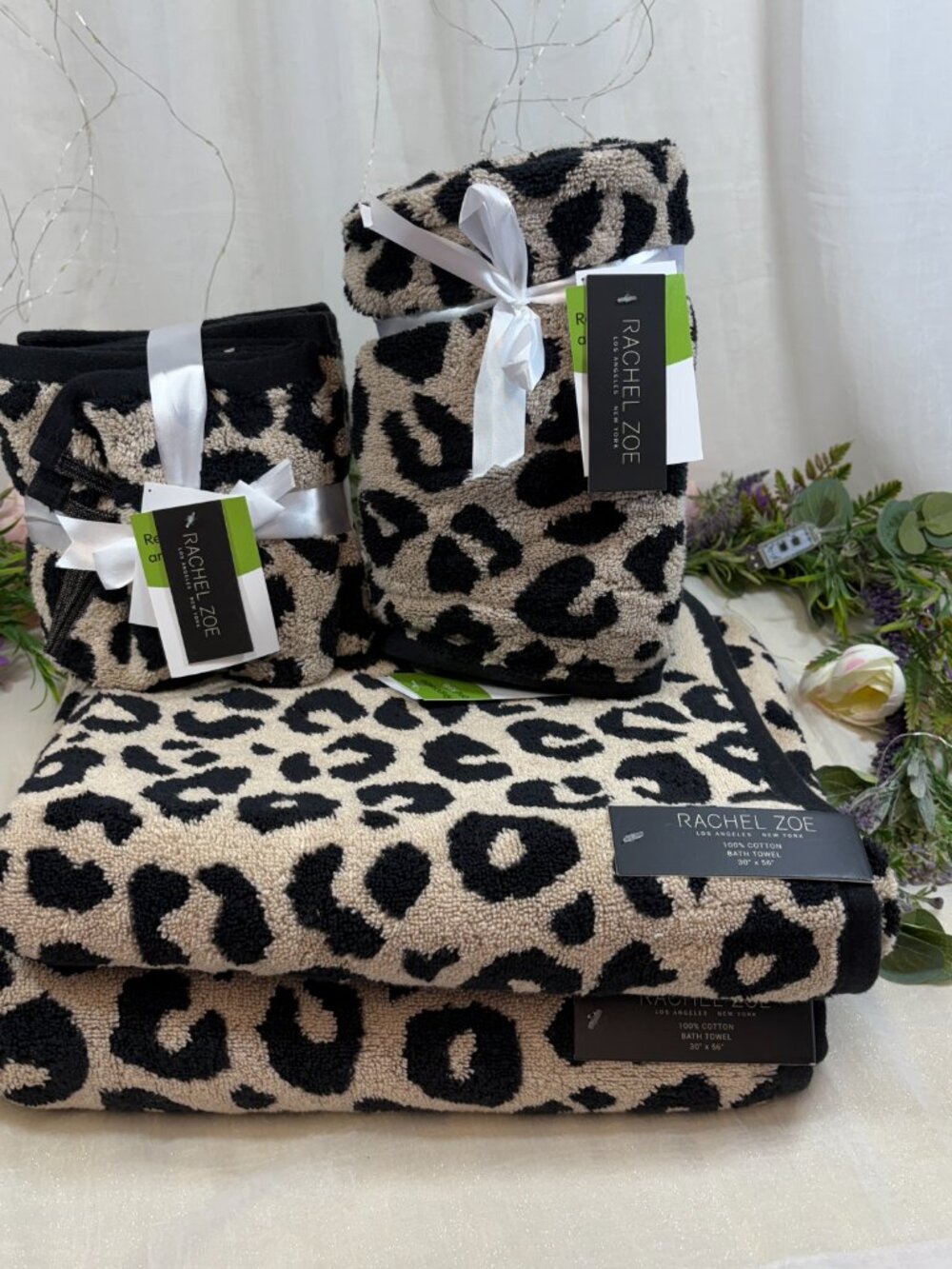 Rachel Zoe Leopard Print Black Beige Bath Hand Towels Washcloth 8 Pc Set Revers